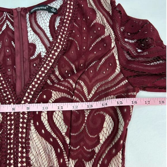 Kasamysoul Woman's Lace Embroidered Cranberry See Thru Lining Flowy Dress Medium - Picture 12 of 13
